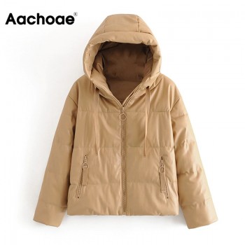 Aachoae Women Thick Warm PU Faux Leather Padded Coat 2020 Winter Zipper Hooded Jacket Parka Long Sleeve Pockets Outerwear Tops